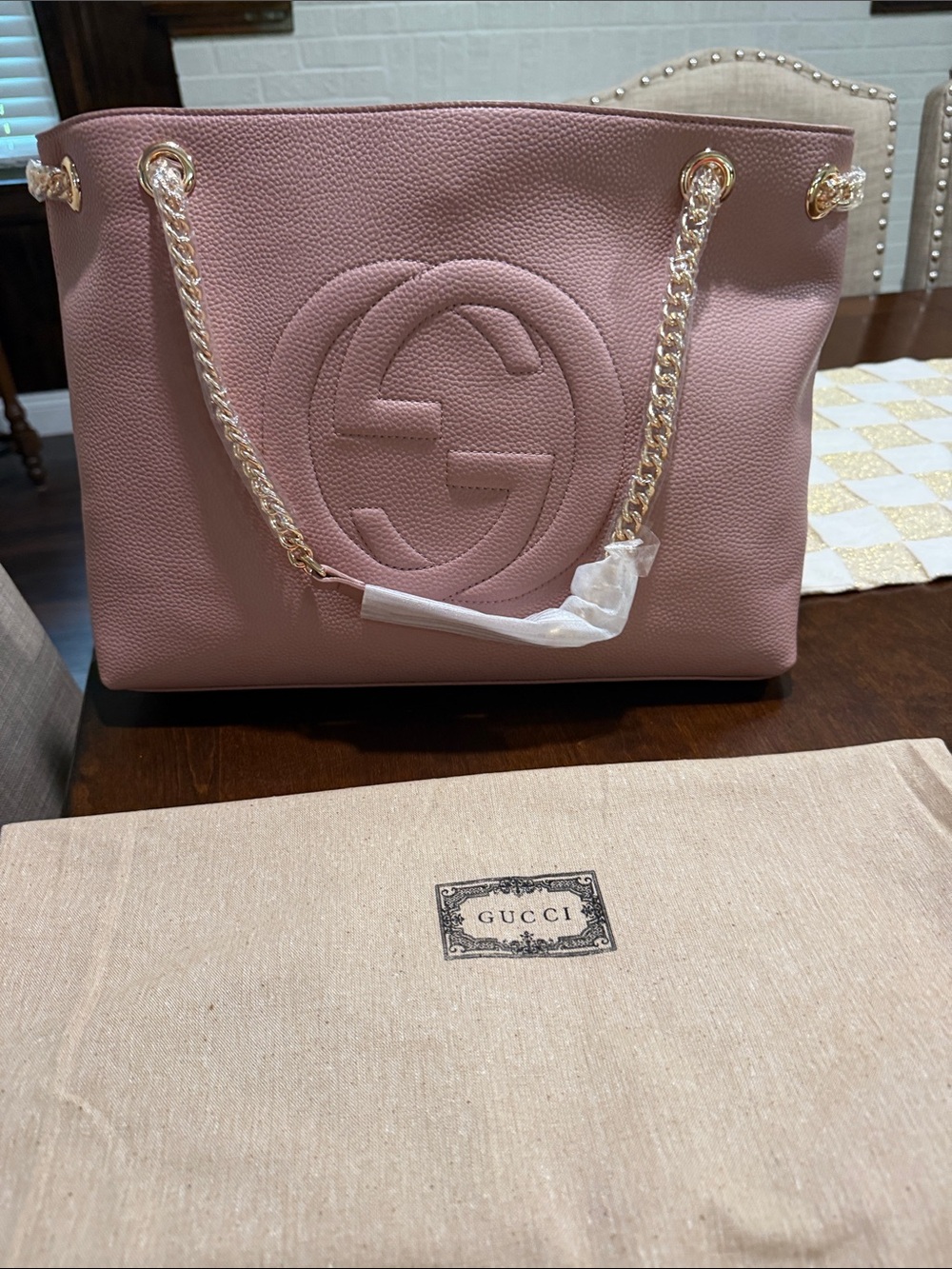 Gucci Pink Leather Logo Chain-Handle Tote